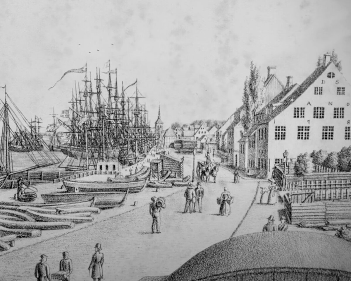 Drawing of a street near the harbor in the 18th century